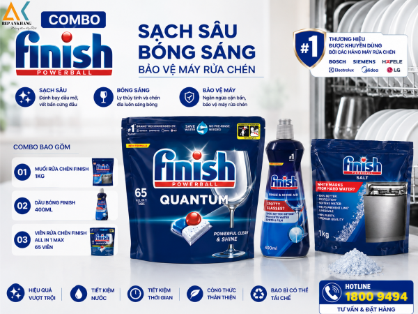 Combo Finish Quantum 65 Viên + Muối Finish 1Kg + Dầu Bóng Finish 400ml 
